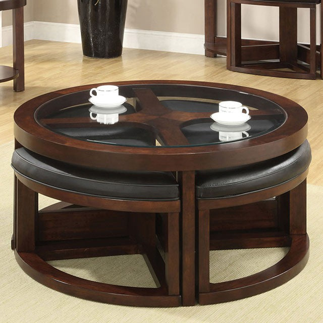 Crystal Cove II Dark Walnut Round Coffee Table w/ 4 Stools